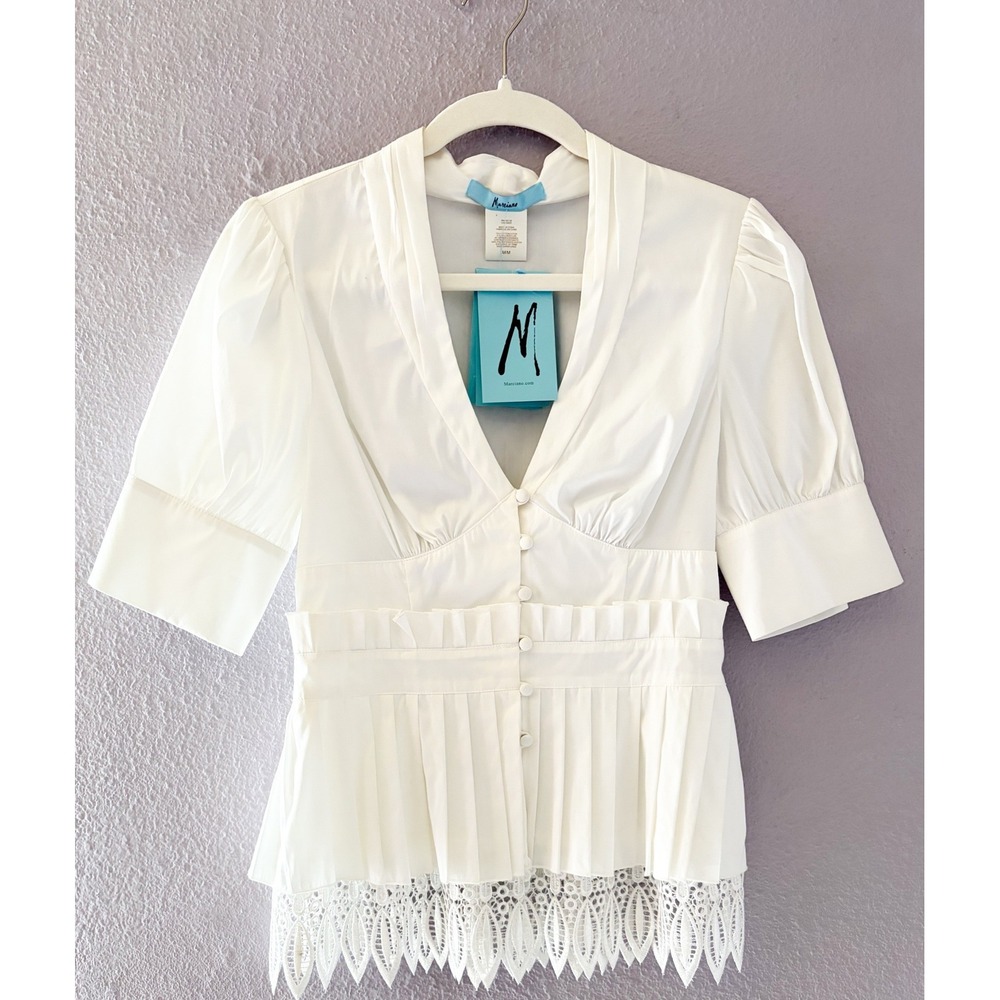 Marciano Y2K White Lace Hem Pleated Peplum Top Puff Sleeve Cotton Blend NWT M